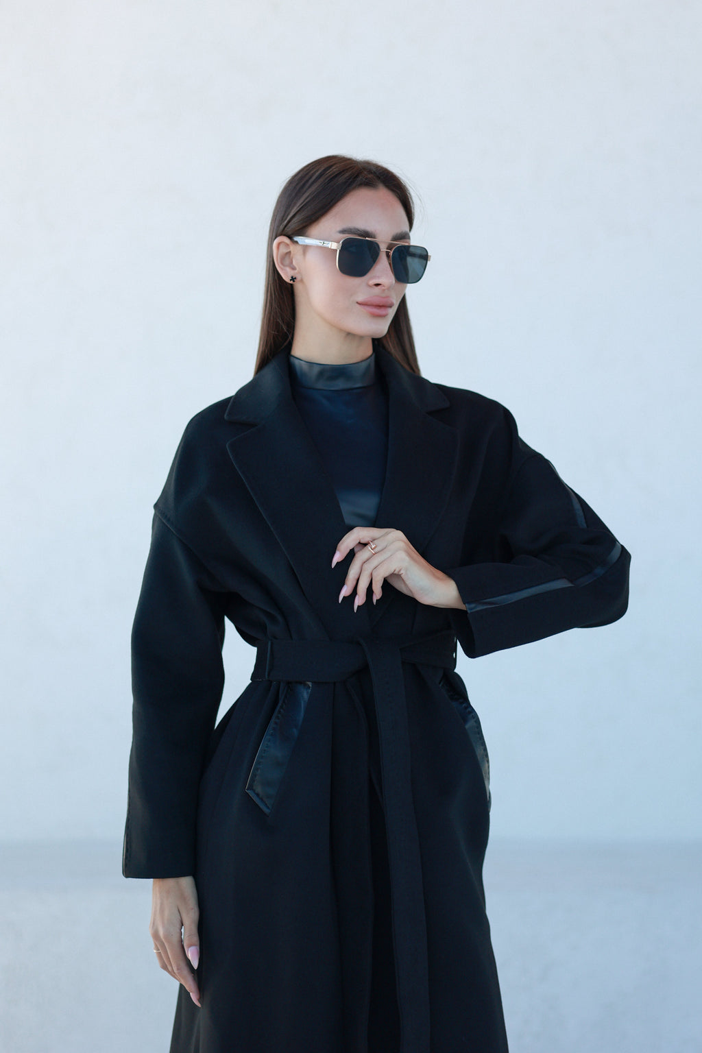 Logan Leather Trim Cashmere Blend Overcoat in Black