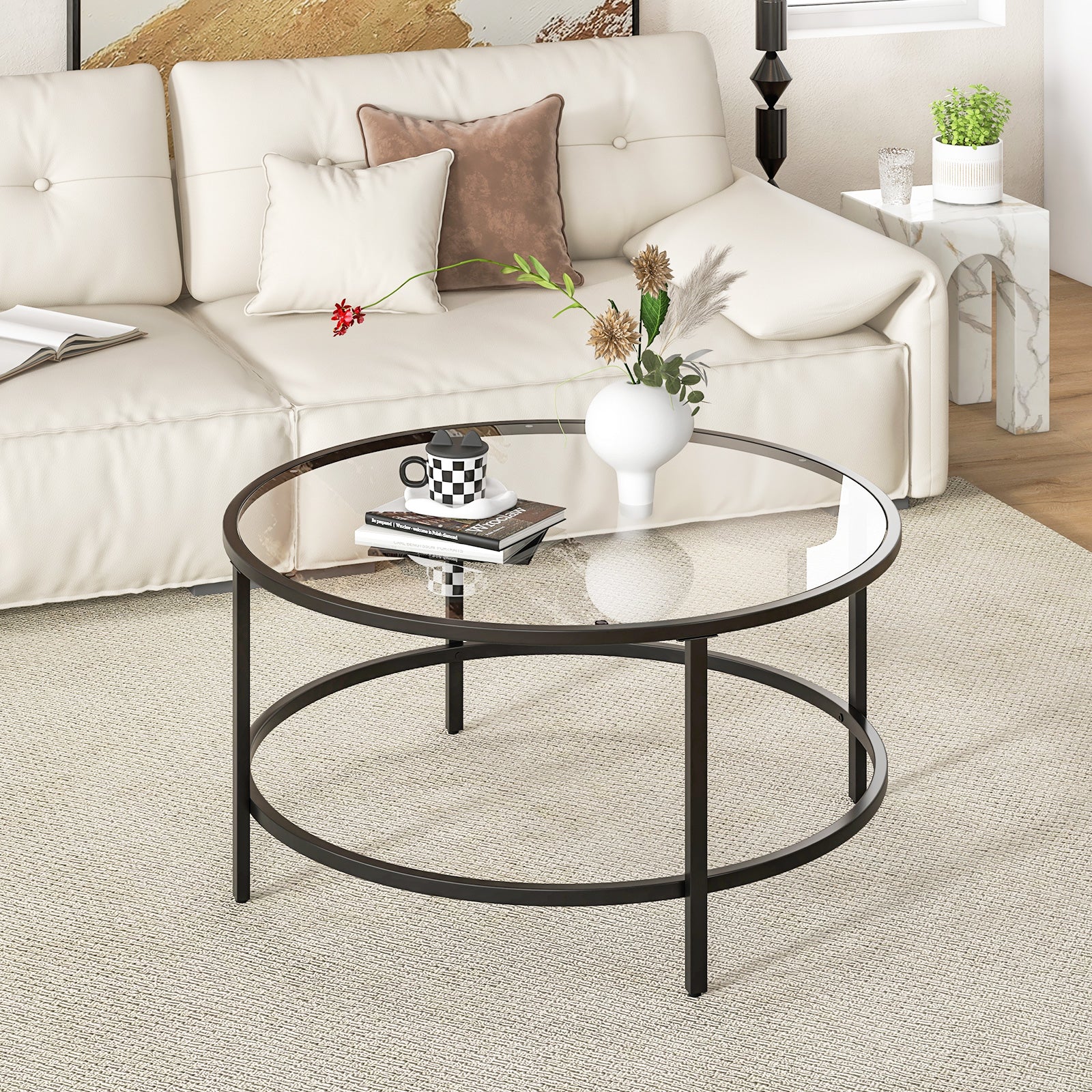 36 Inch Round Coffee Table with Tempered Glass Tabletop