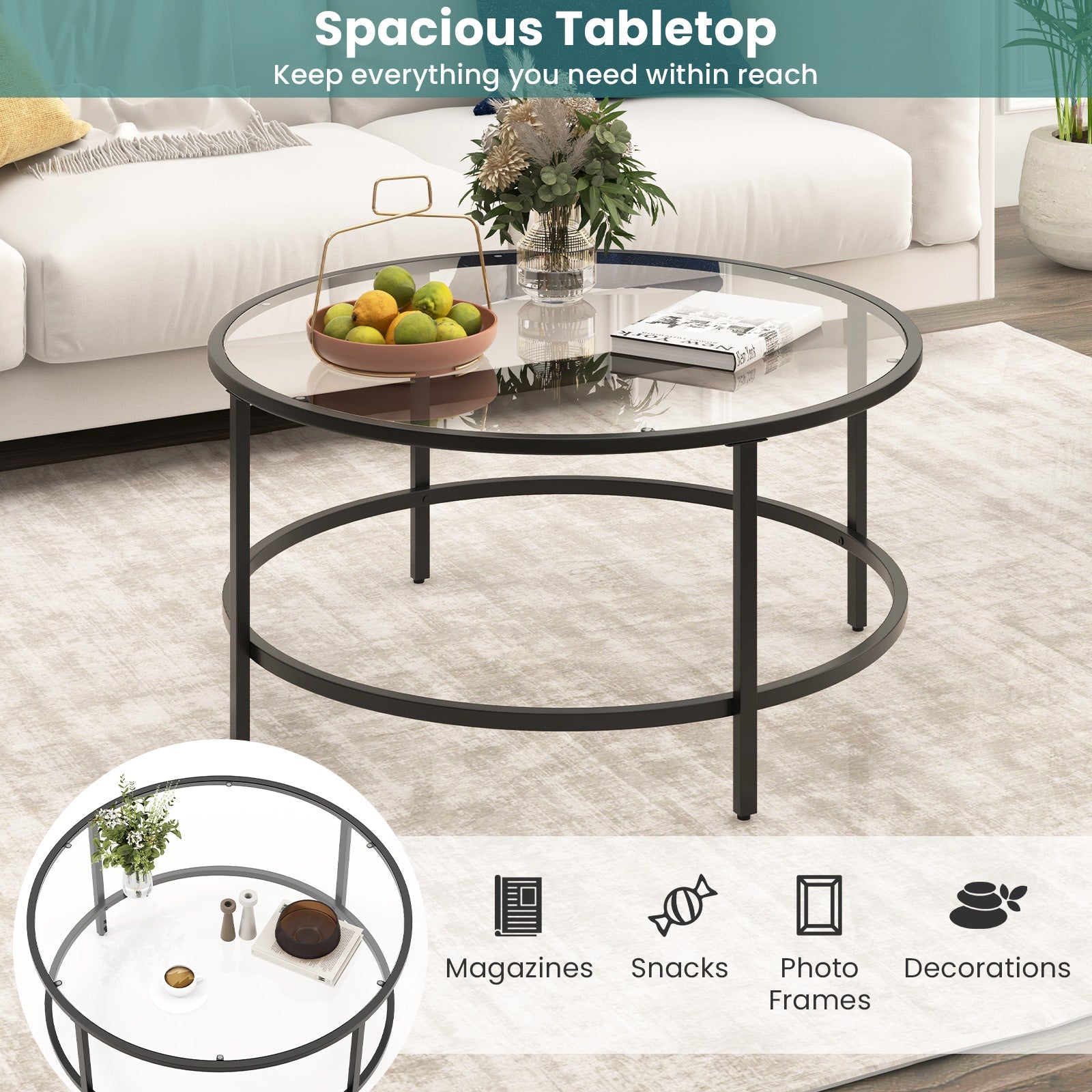 36 Inch Round Coffee Table with Tempered Glass Tabletop