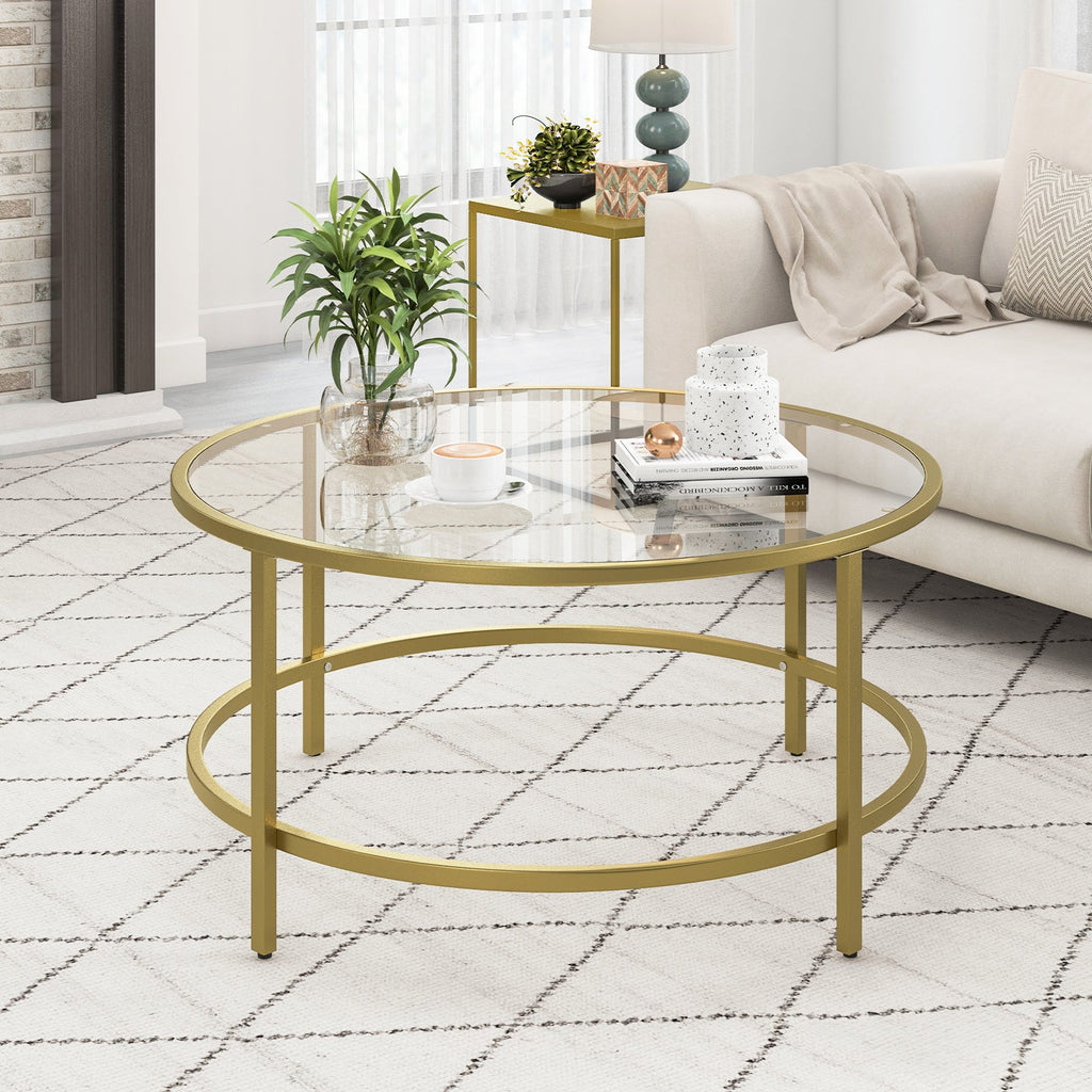 36 Inch Round Coffee Table with Tempered Glass Tabletop