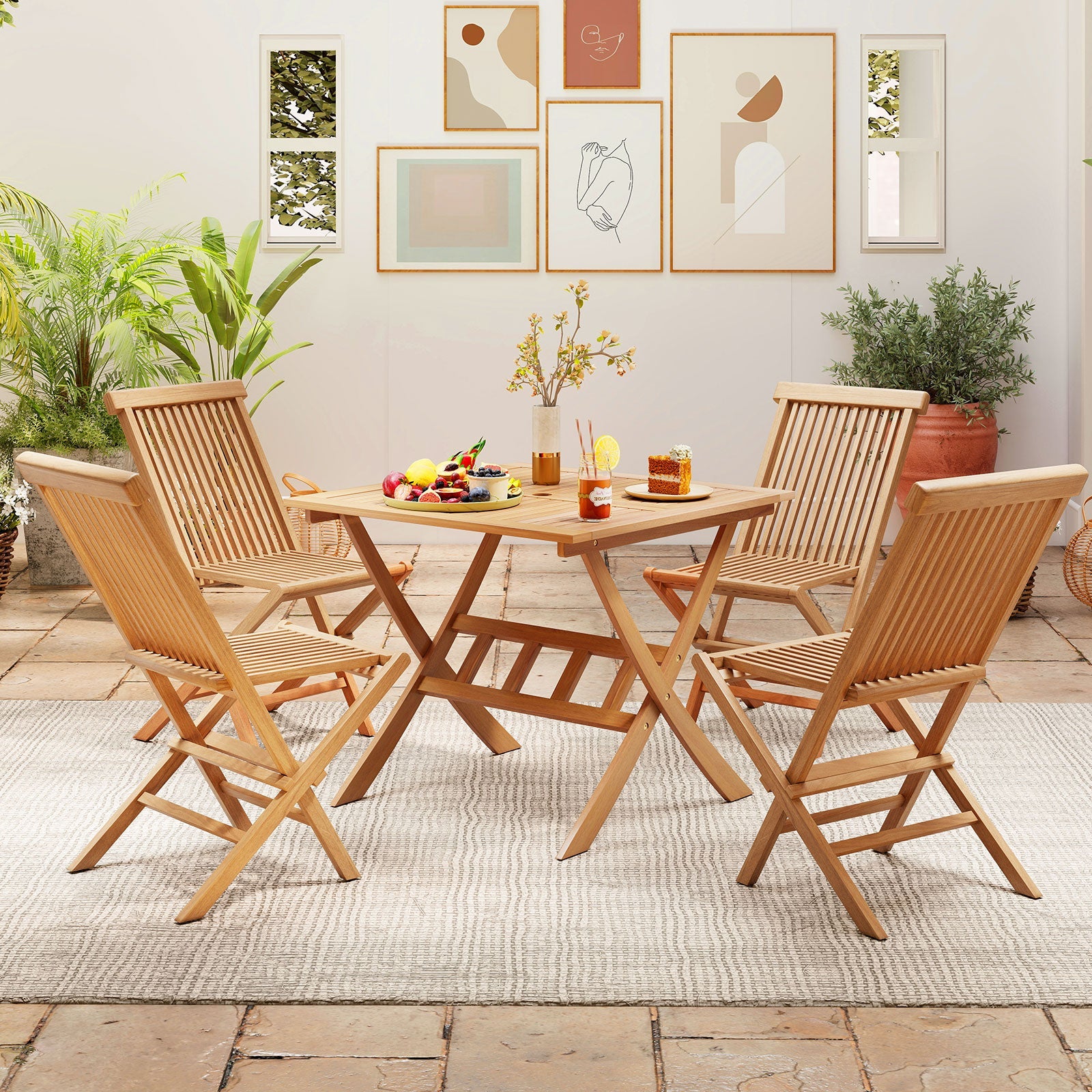 36-Inch Acacia Wood Folding Patio Dining Table with Umbrella Hole for 4 People