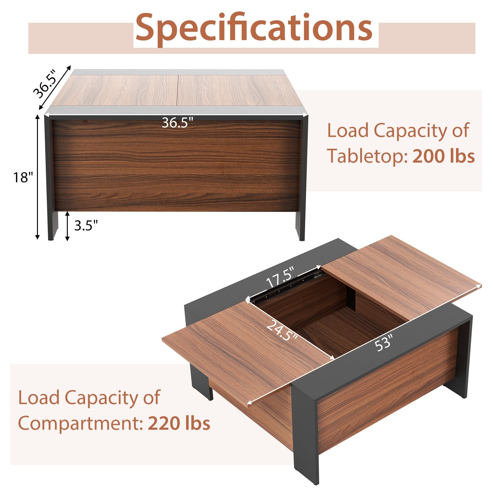 36.5 Inch Coffee Table with Sliding Top and Hidden Compartment