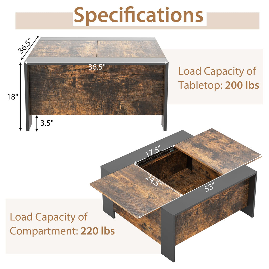 36.5 Inch Coffee Table with Sliding Top and Hidden Compartment