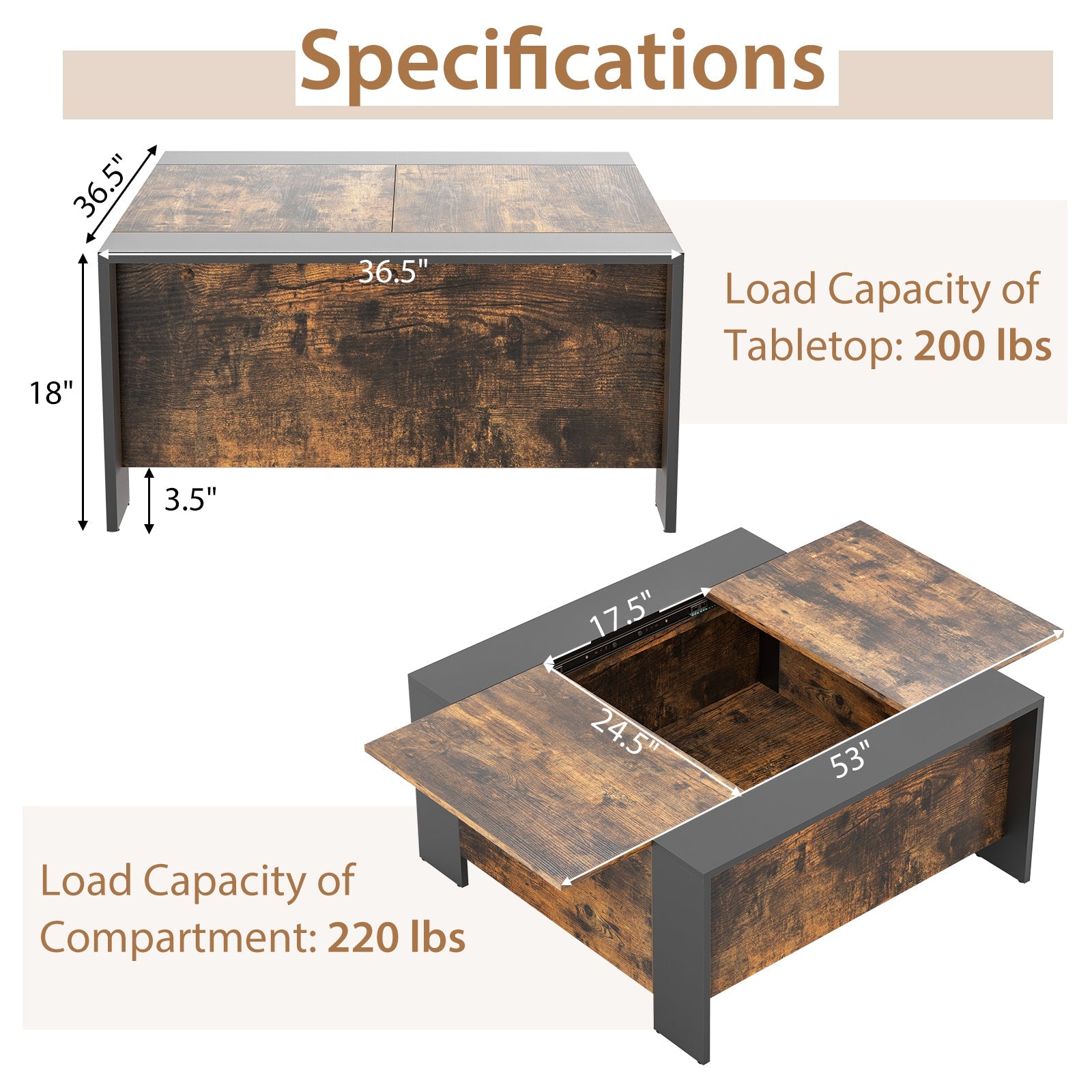 36.5 Inch Coffee Table with Sliding Top and Hidden Compartment