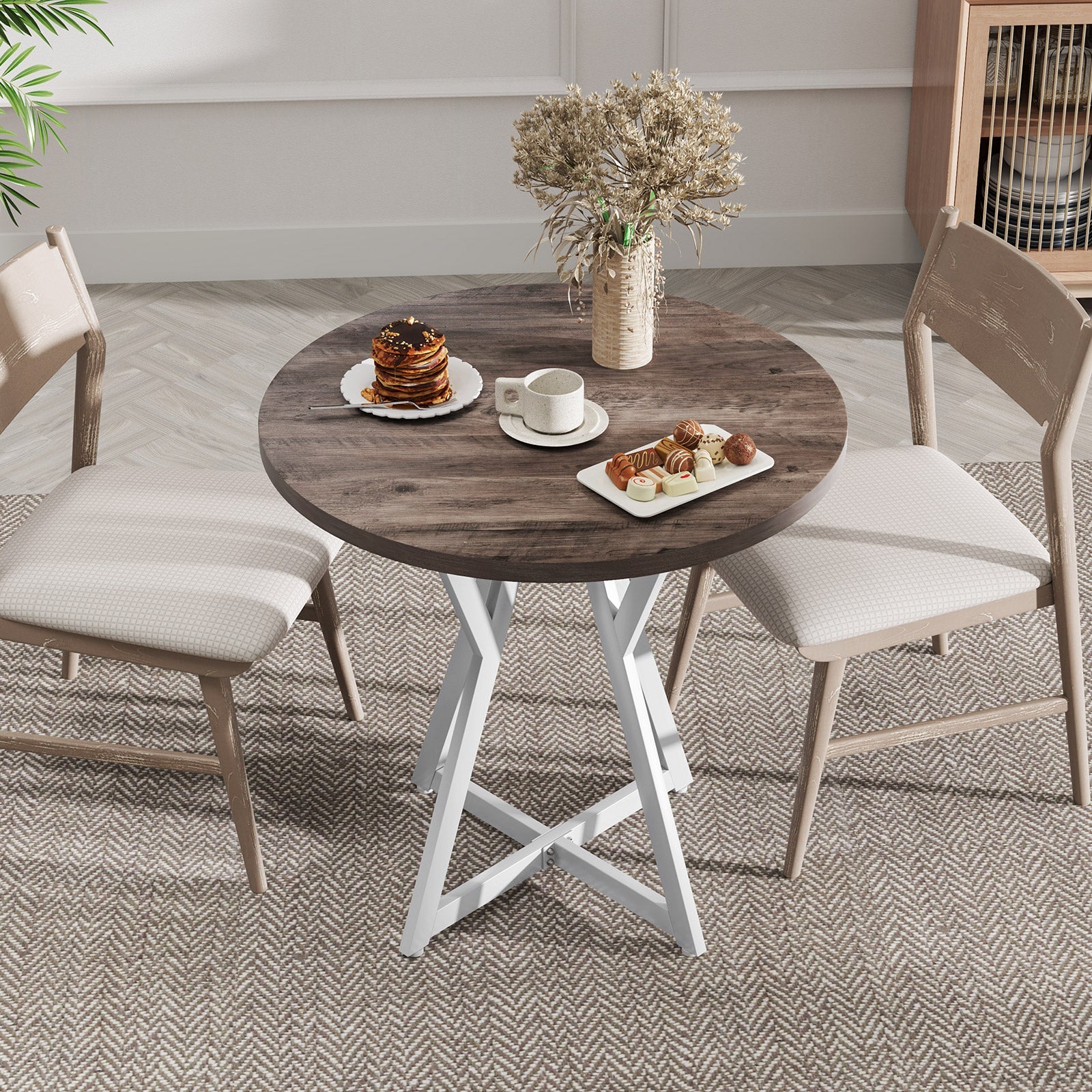 36 Inch Round Dining Table with Metal Pedestal Base-Natural