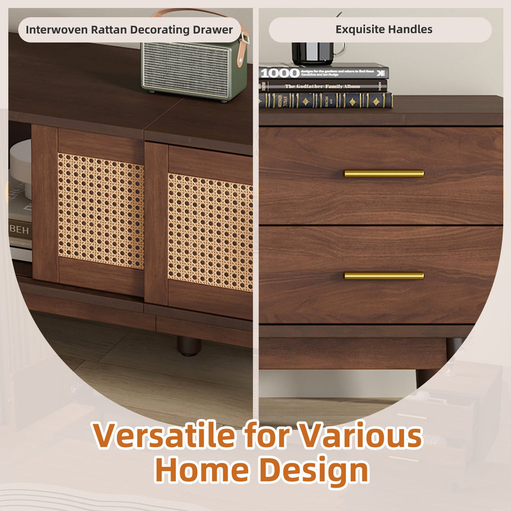 TV Stand Mid-Century Dark Brown Solid Wood Rattan Sliding Door Fits 80 In TV