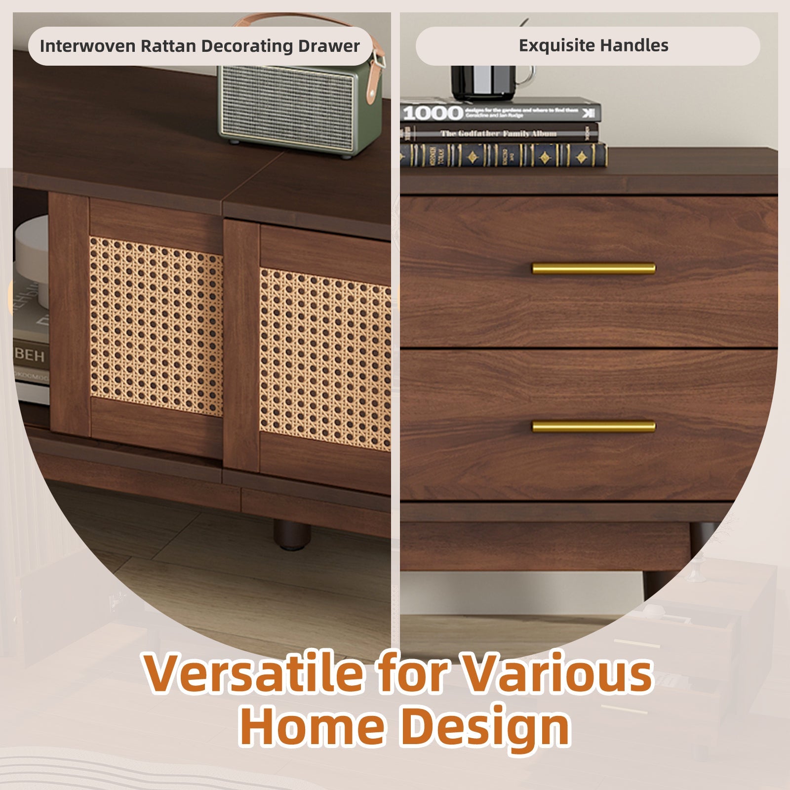TV Stand Mid-Century Dark Brown Solid Wood Rattan Sliding Door Fits 80 In TV