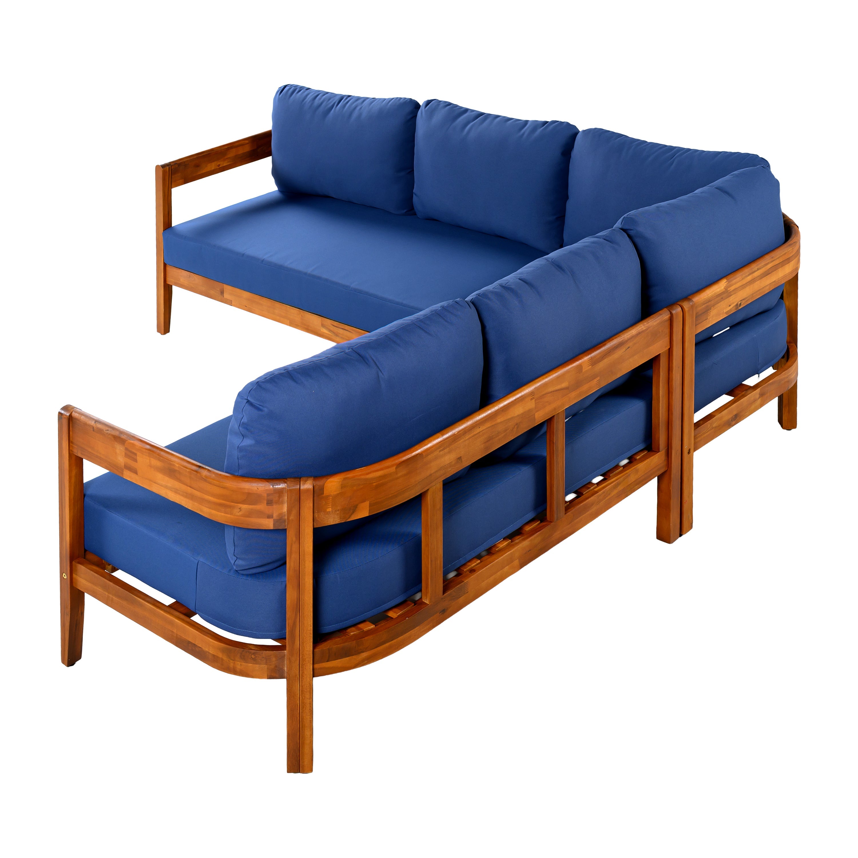 Outdoor Sofa Set Acacia Wood Arc Frame Blue Cushions L-Shape 6 Piece