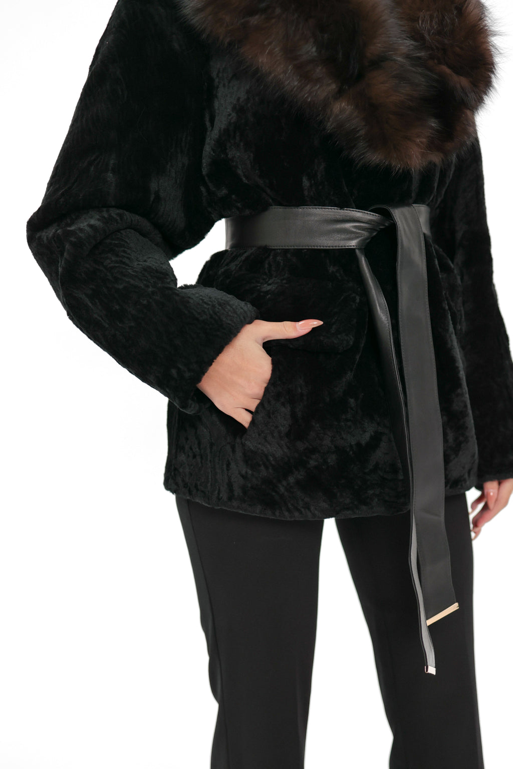 Modena Genuine Astrakhan Polar Fox Trim Coat