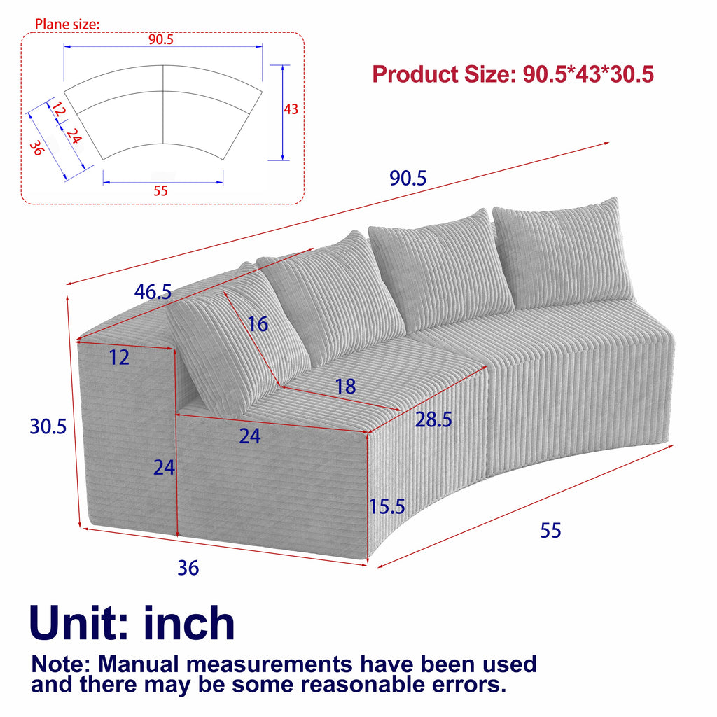 Sectional Sofa Curved Corduroy Black 2 Seat Modular No Assembly