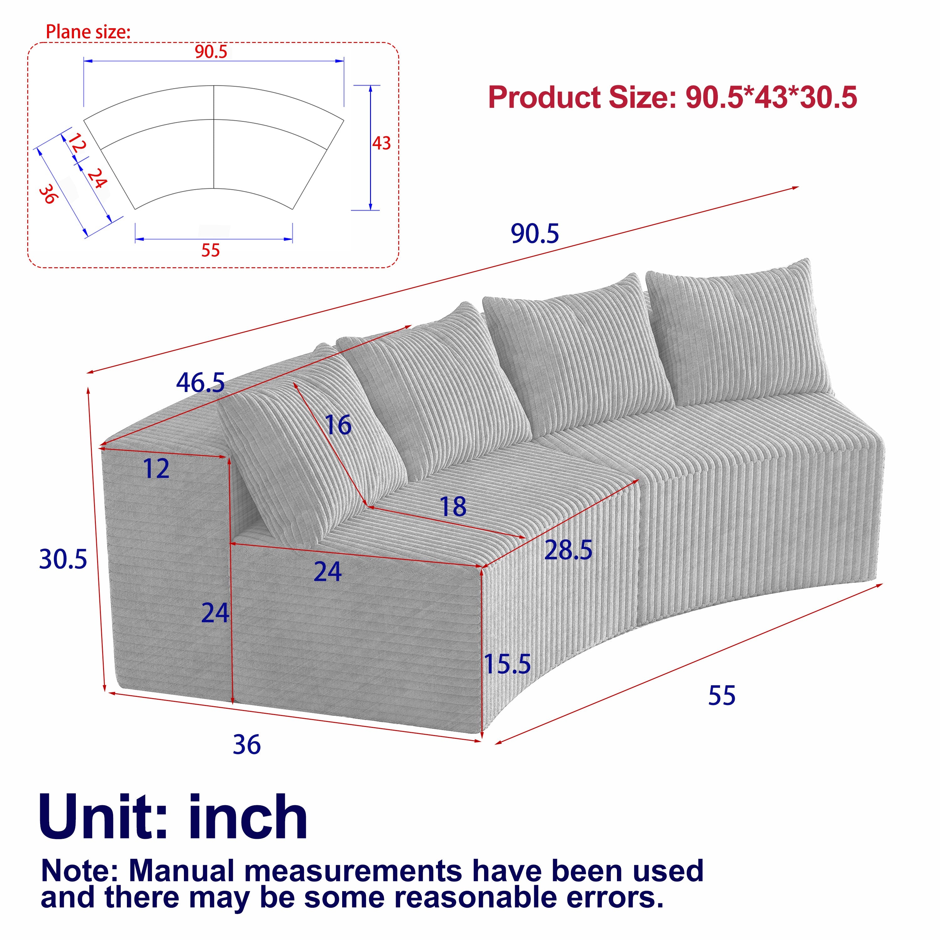 Sectional Sofa Curved Corduroy Black 2 Seat Modular No Assembly