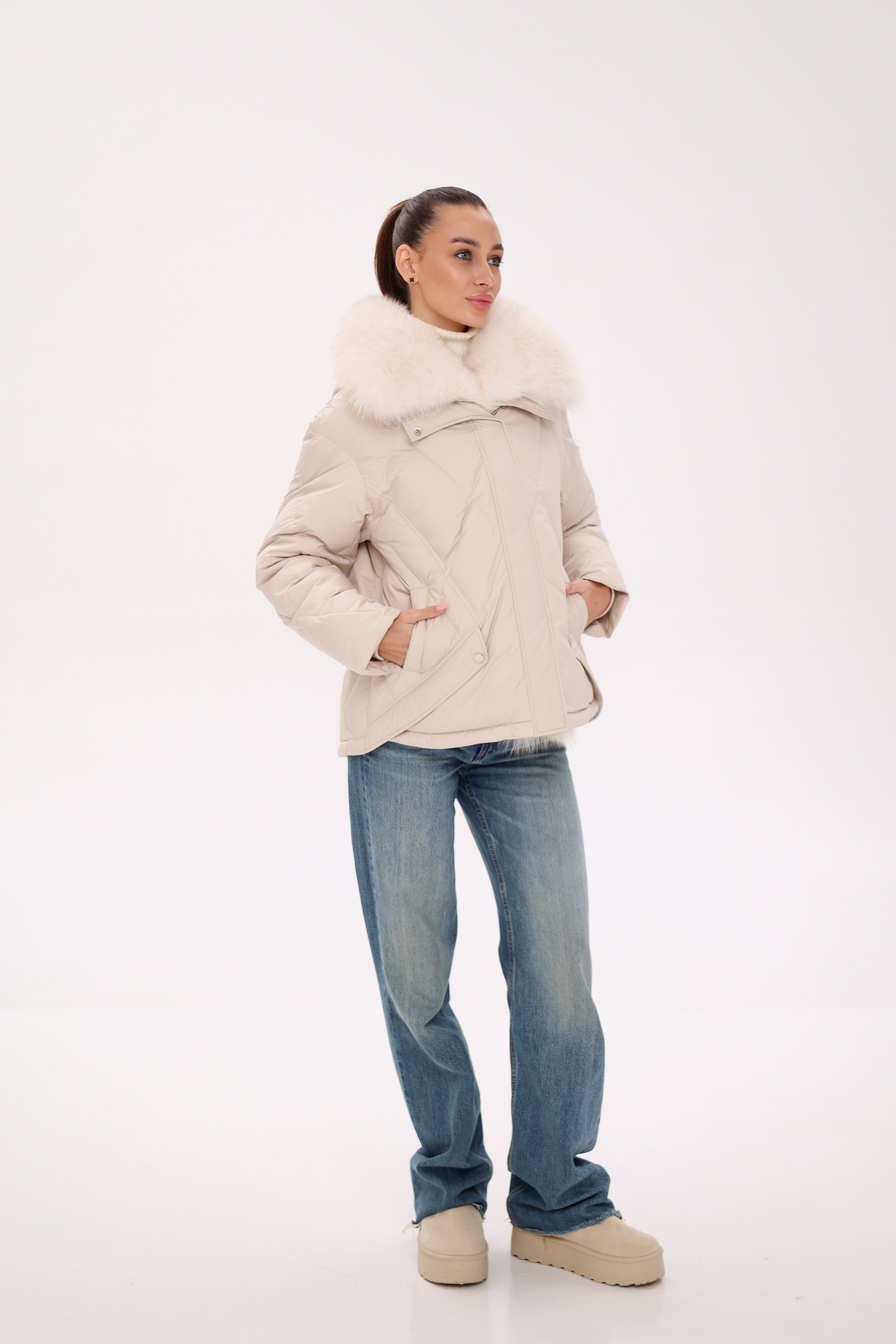Genuine Polar Fox Fur Down Insulated Parka in Ivory