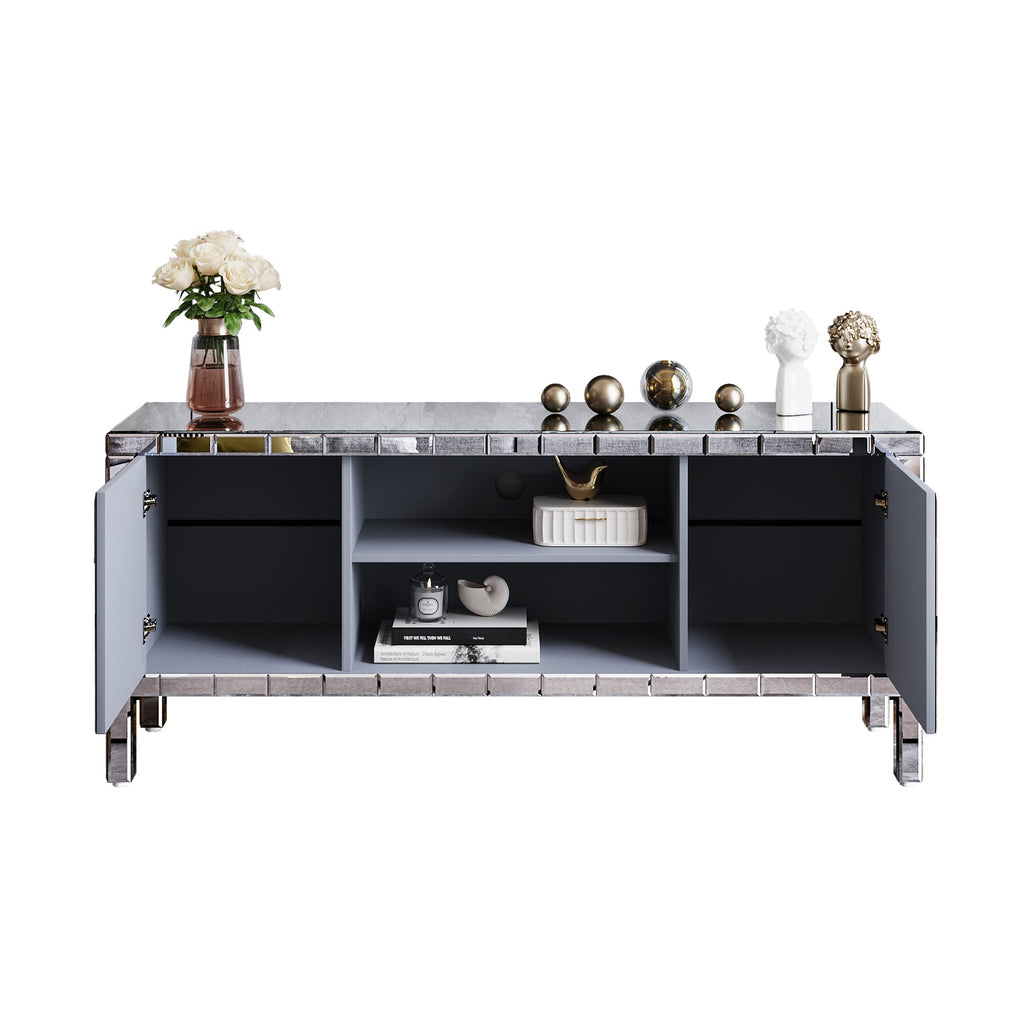 TV Stand Mirrored Crushed Diamond Glass Silver 59 In Fits 65 In TV