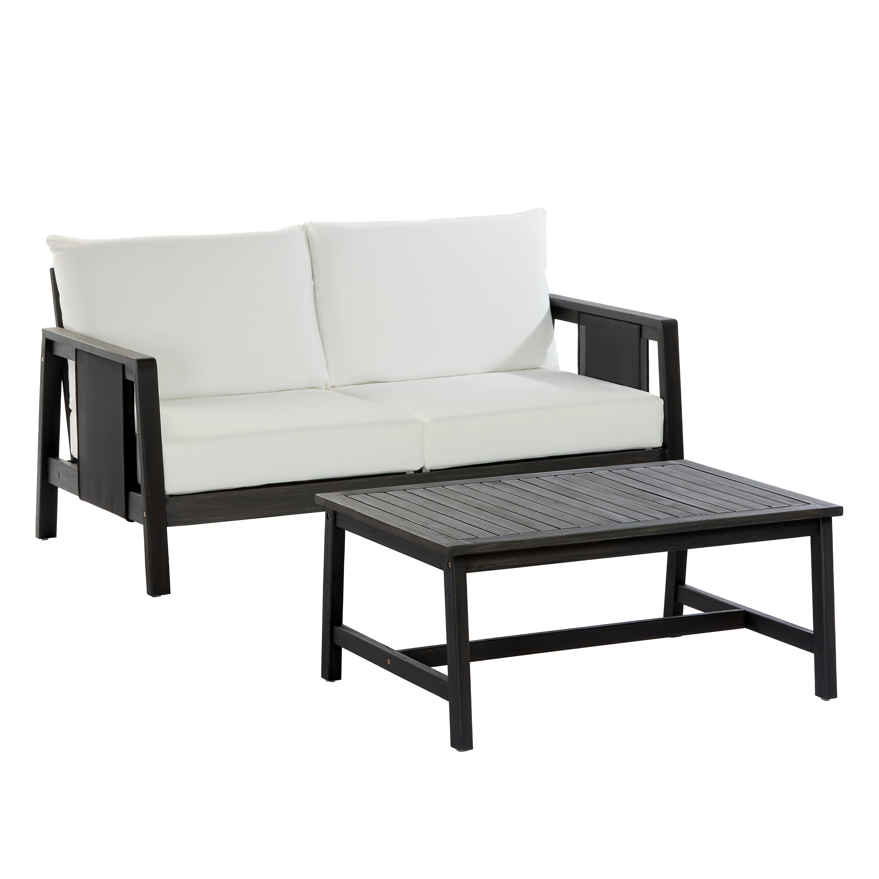 Outdoor Sofa Set Acacia Wood Textilene 2 Piece Dark Gray White Cushion