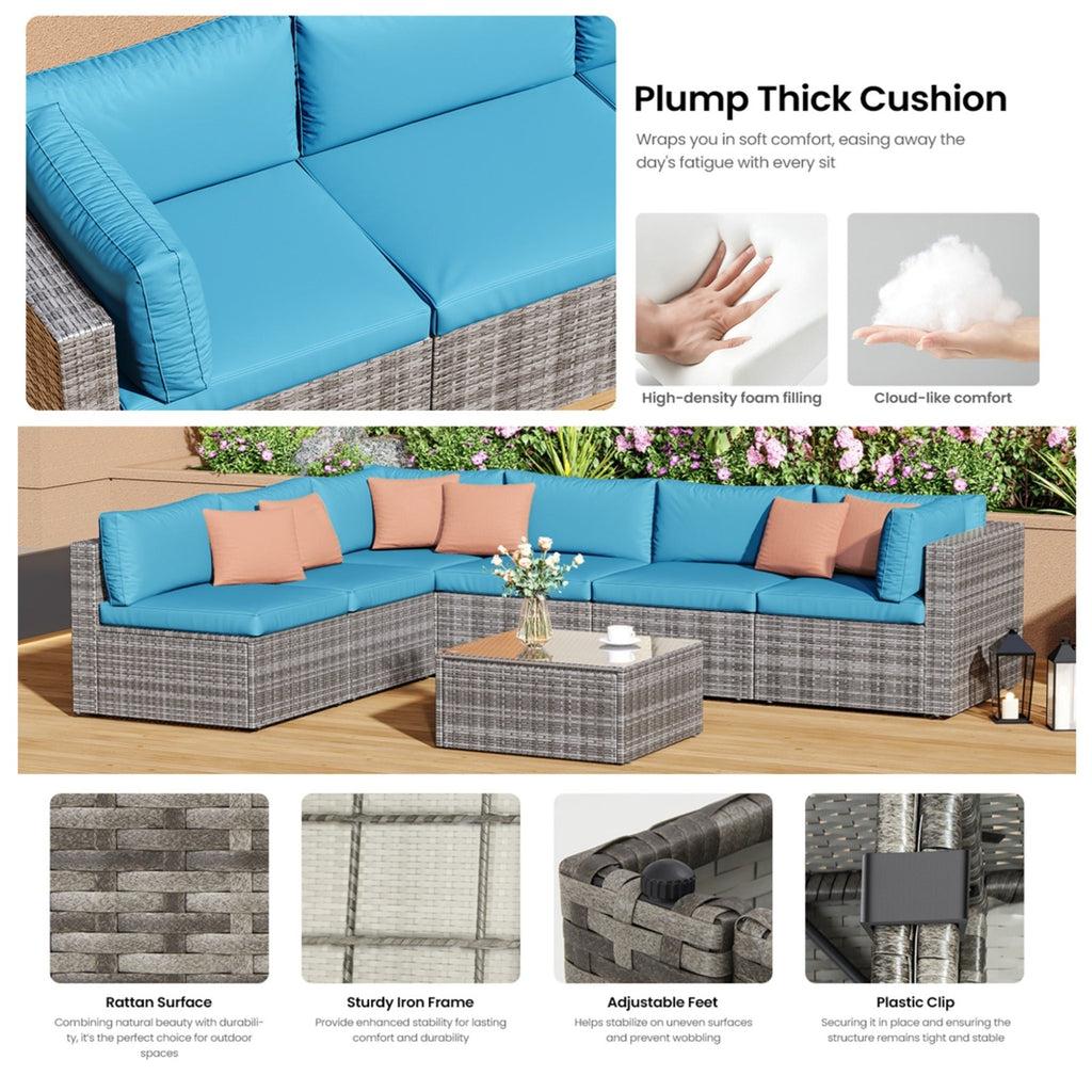 7 Piece Outdoor Sectional Set PE Rattan Gray Blue