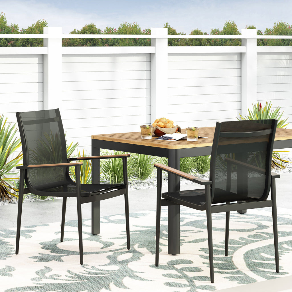 Dining Chair Outdoor Aluminum Mesh Black Natural Faux Wood Accent 22x25x36 In