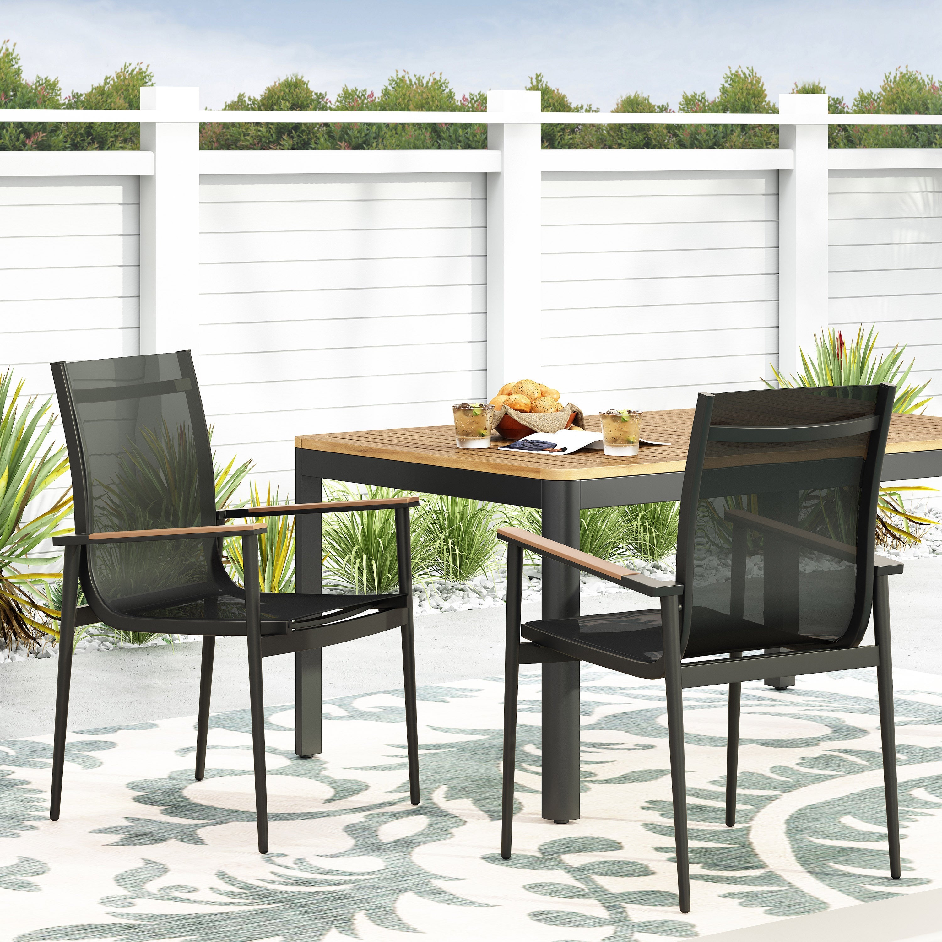 Dining Chair Outdoor Aluminum Mesh Black Natural Faux Wood Accent 22x25x36 In