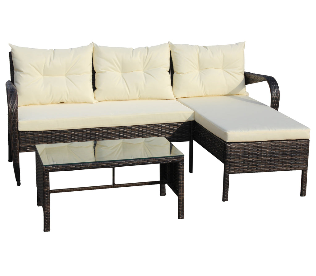Outdoor Sectional Set PE Rattan Steel Brown Beige Cushion 3 Piece 560 LB