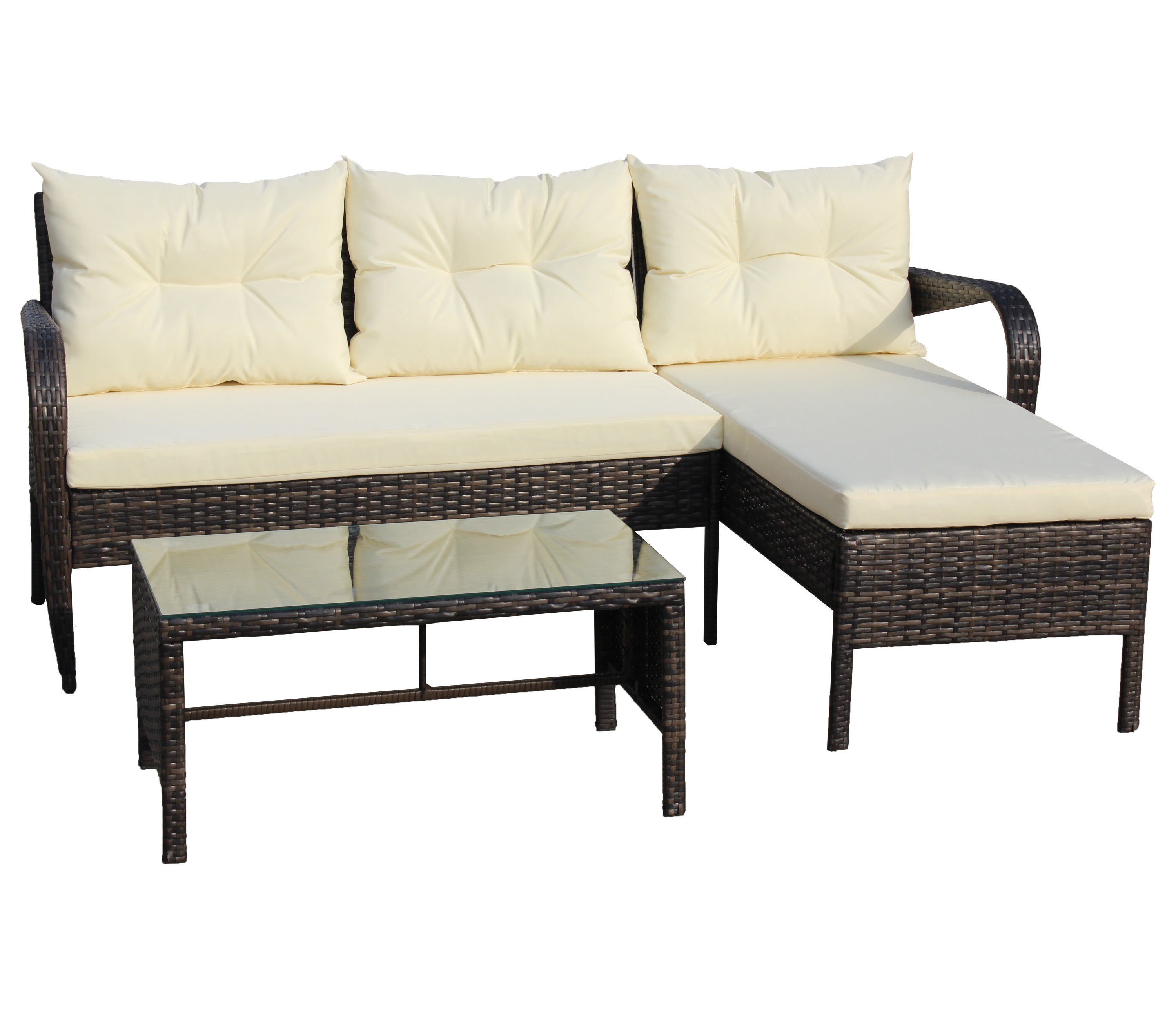 Outdoor Sectional Set PE Rattan Steel Brown Beige Cushion 3 Piece 560 LB