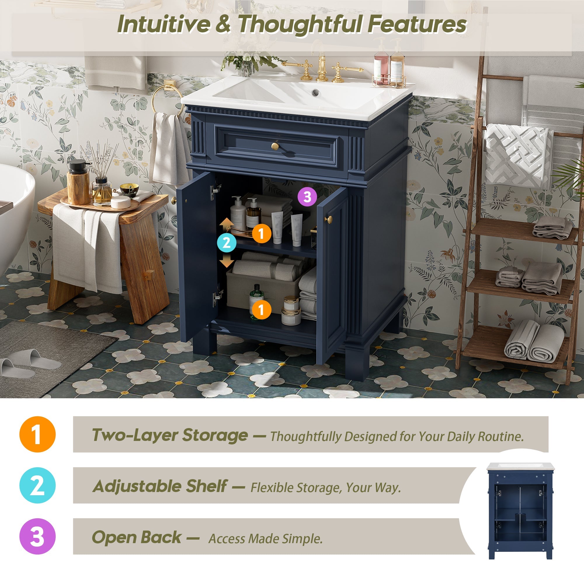 24'' Vintage Elegance Bathroom Cabinet with Ceramic Sink