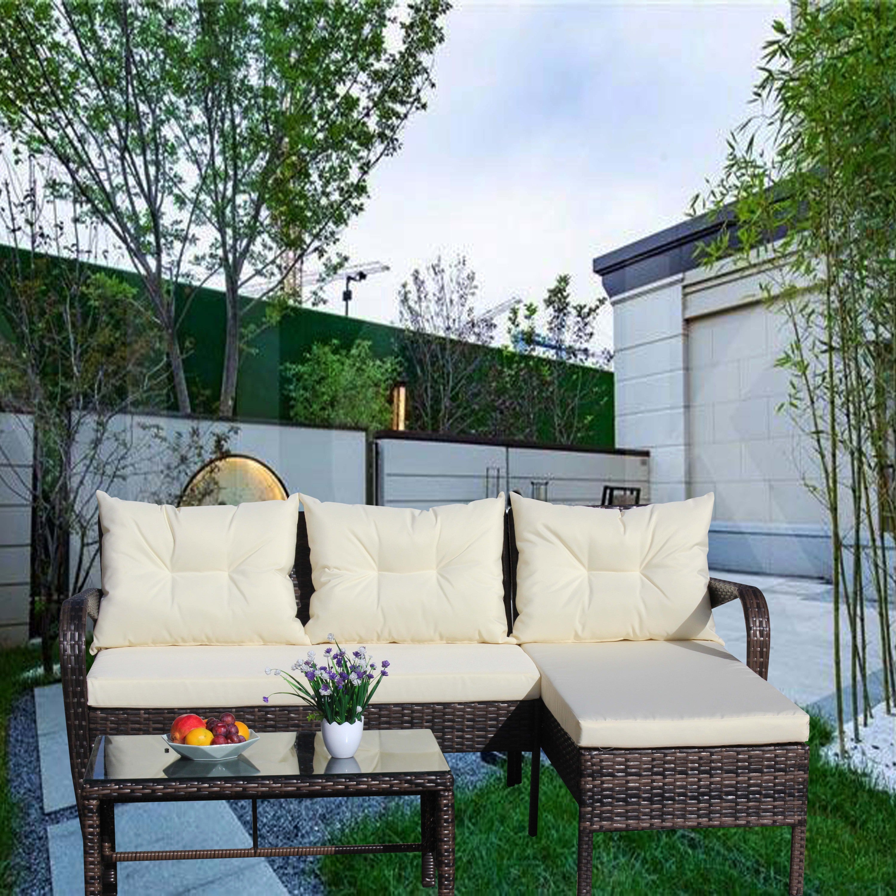 Outdoor Sectional Set PE Rattan Steel Brown Beige Cushion 3 Piece 560 LB