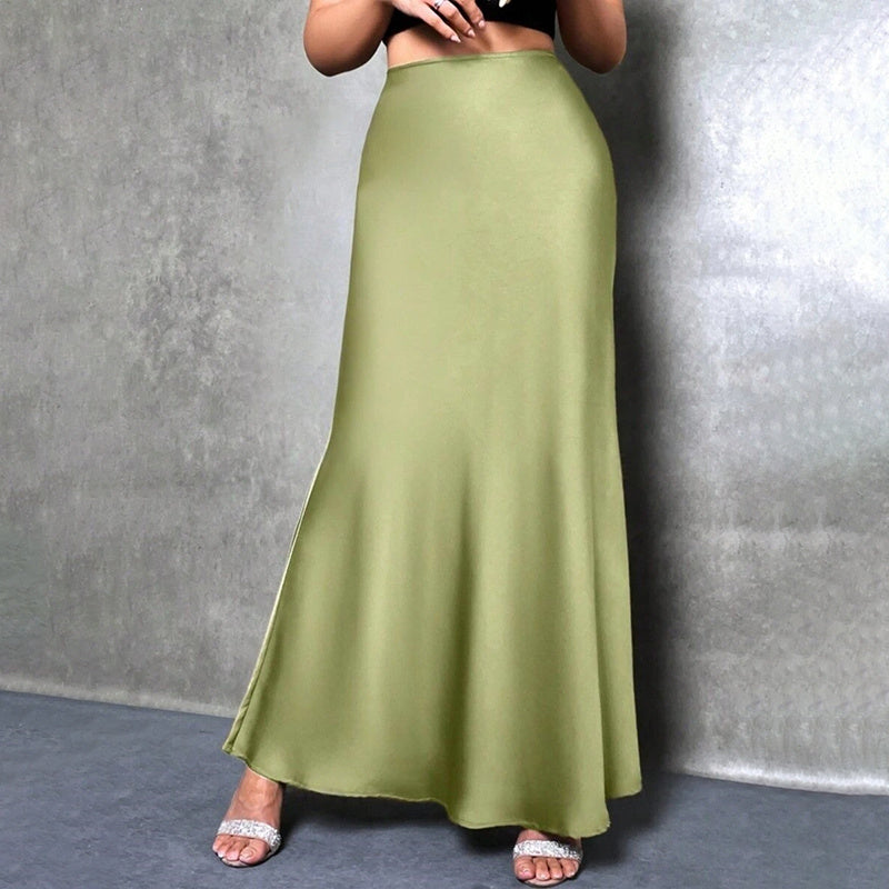 Women's Elegant Satin High Waist Flared Midi Skirt Cocktail Party Wedding Long Skirt