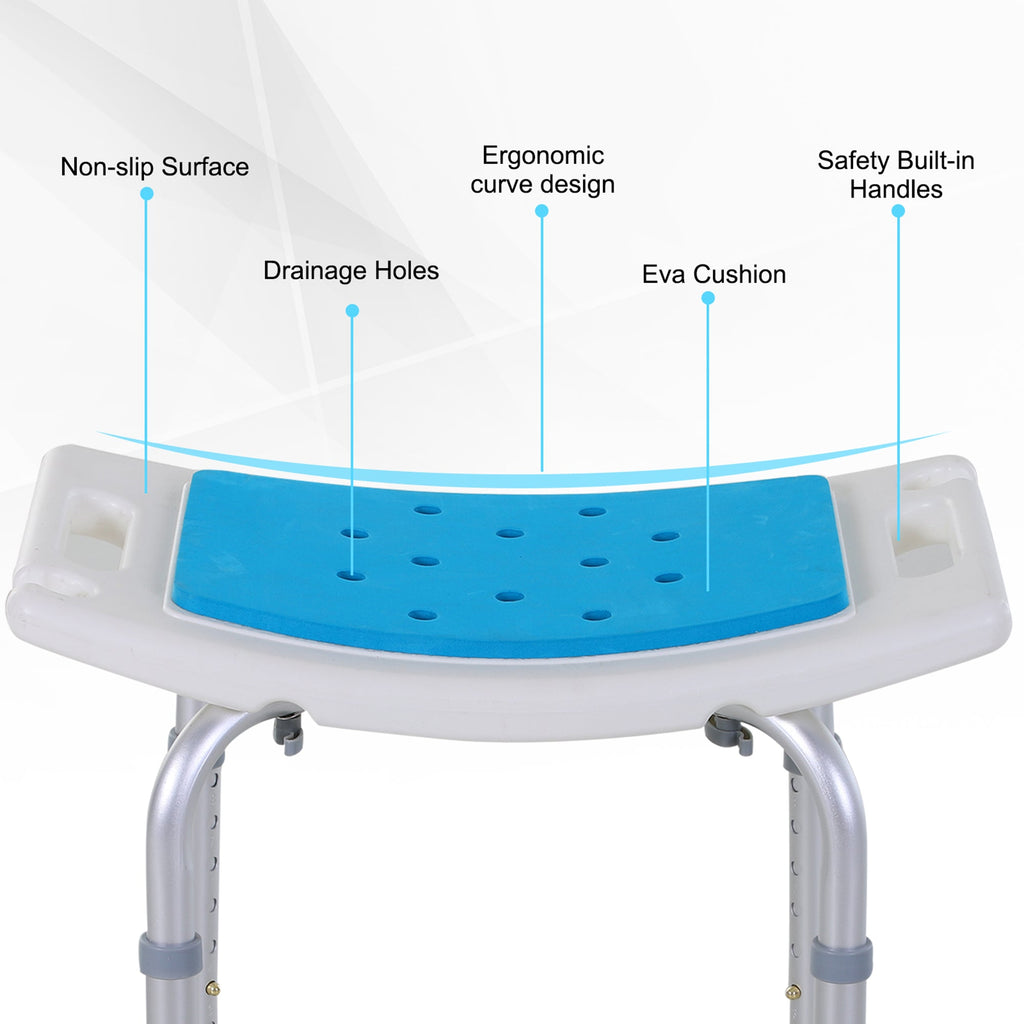 Shower Stool Curved Seat Aluminum Blue 6-Level Adjustable Non-Slip 300 LB