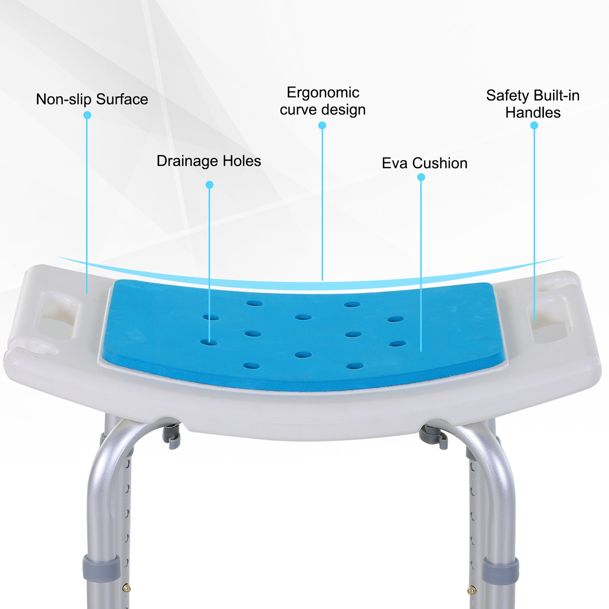 Shower Stool Curved Seat Aluminum Blue 6-Level Adjustable Non-Slip 300 LB