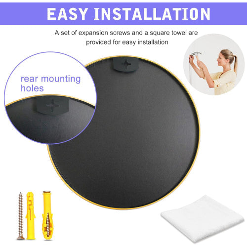 Wall Mirror Round Aluminum Frame Gold 30 In HD Glass Shatterproof Film
