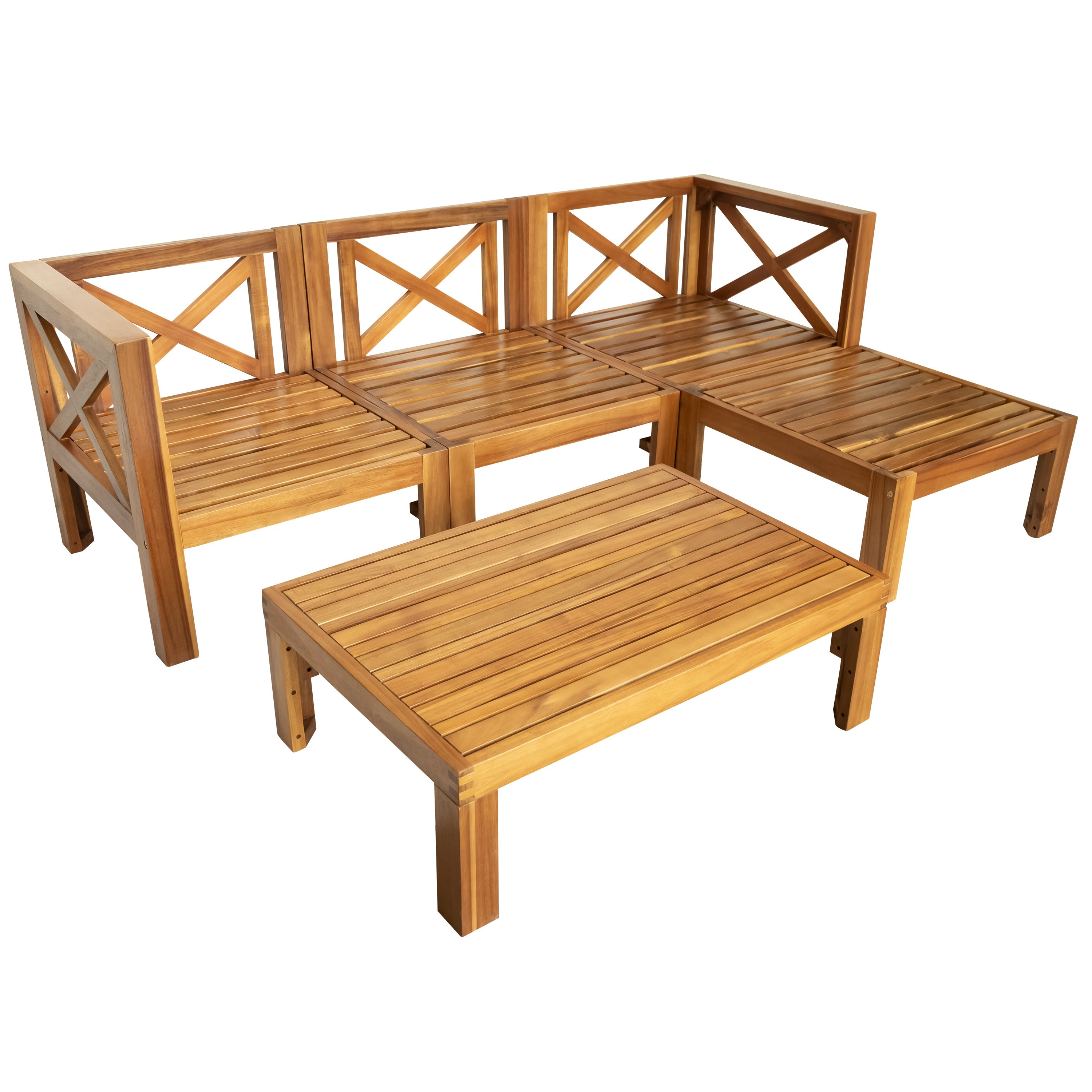 Outdoor Patio Sectional Set Acacia Wood Gray Cushions 5 Piece X-Back