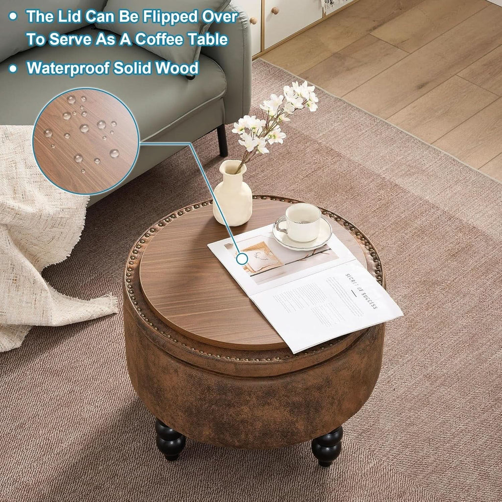 24 Inch Upholstered Storage Ottoman Featuring Tray