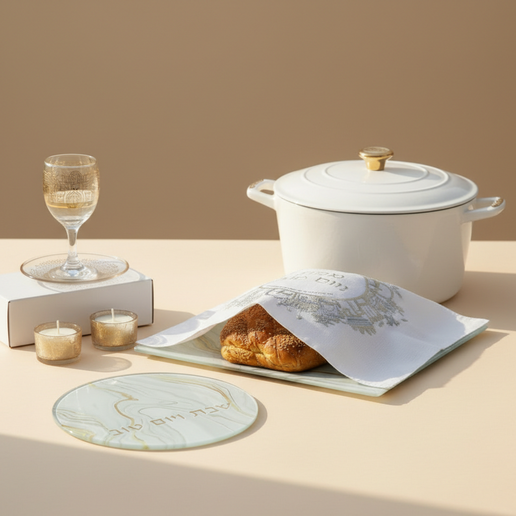 Luxurious Shabbat Table Set in Gold & White Tones - Golden Harmony Series