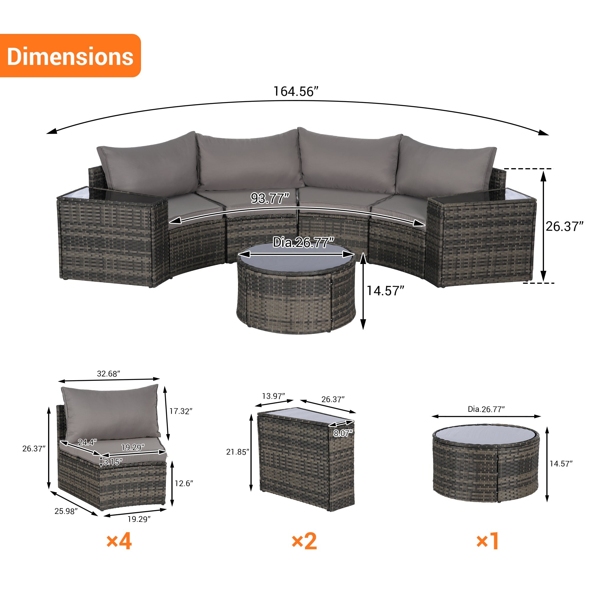 Outdoor Sectional Set PE Rattan Steel Light Gray Half Moon 7 Piece 380 LB