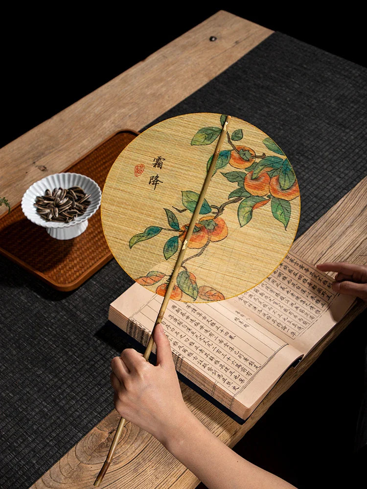Handmade Bamboo and Silk Round Fan with Japanese & Chinese Art