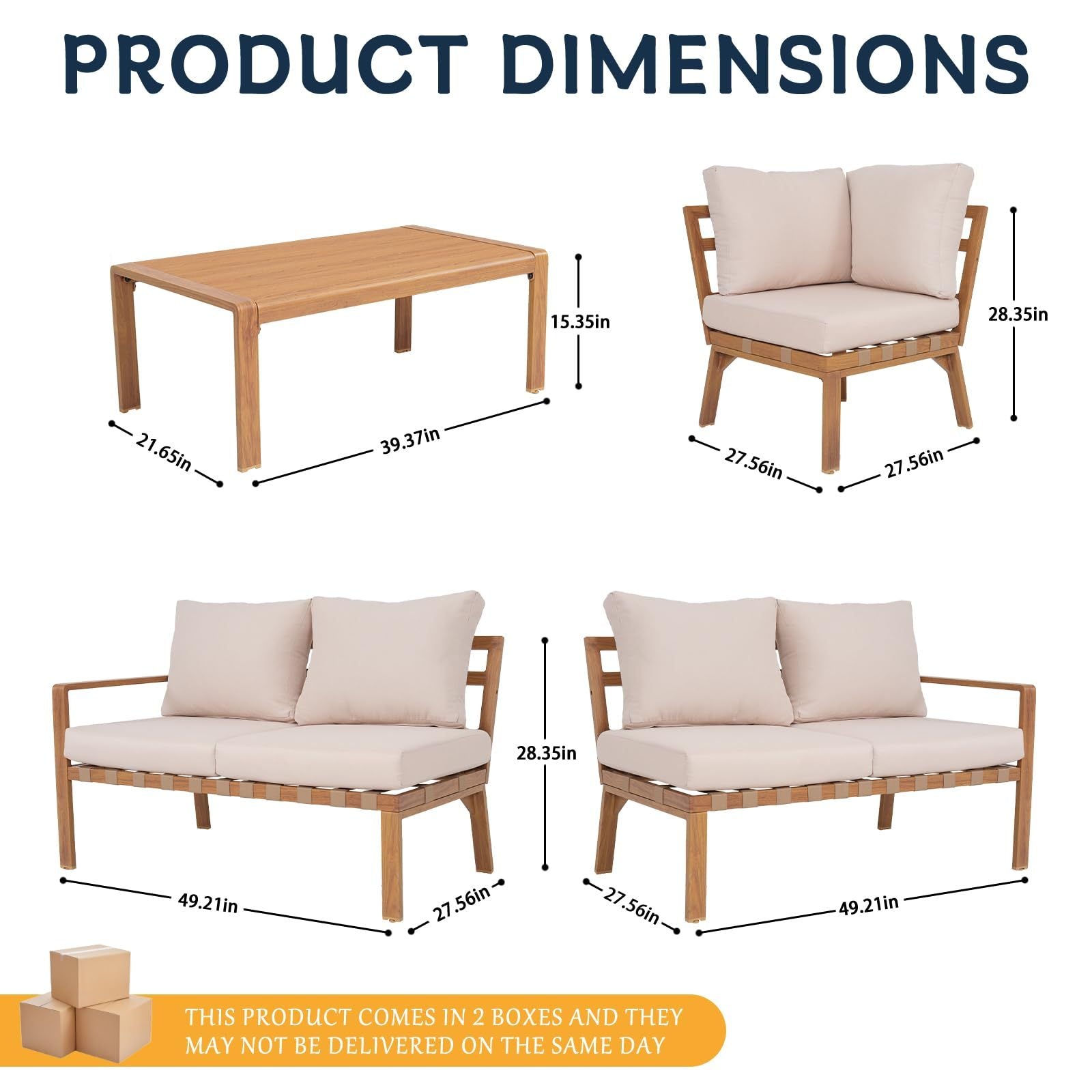 Outdoor Sectional Set Aluminum Woodgrain Yellow Gray L-Shape 4 Pc