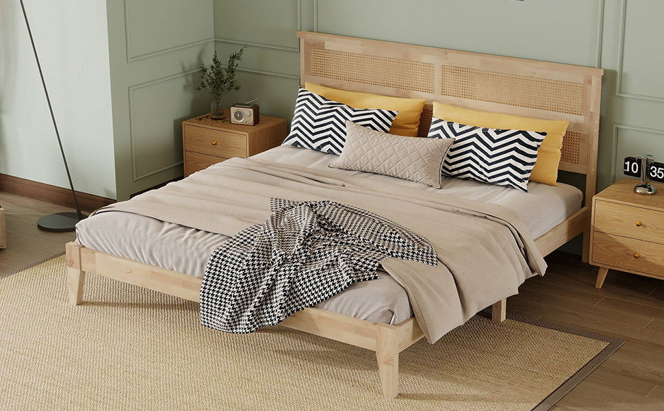 King Size Solid Wood Bed with Rattan Headboard, Rubber Wood Bed with Central