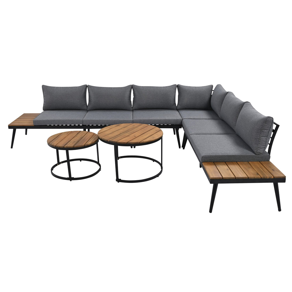 Outdoor Sectional Set Acacia Wood Steel Gray with Nesting Tables
