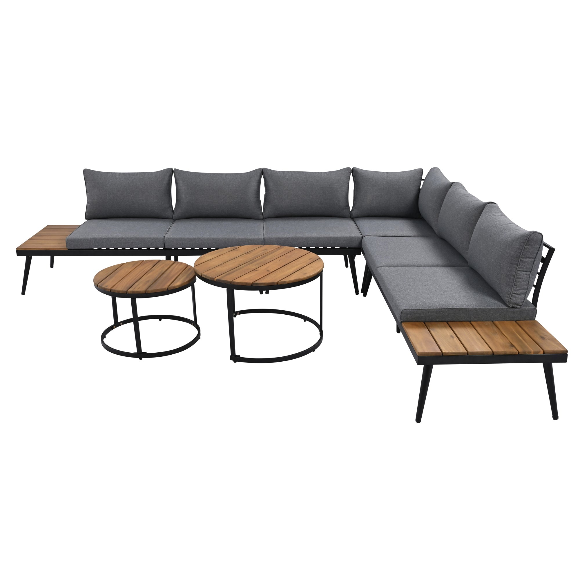 Outdoor Sectional Set Acacia Wood Steel Gray with Nesting Tables