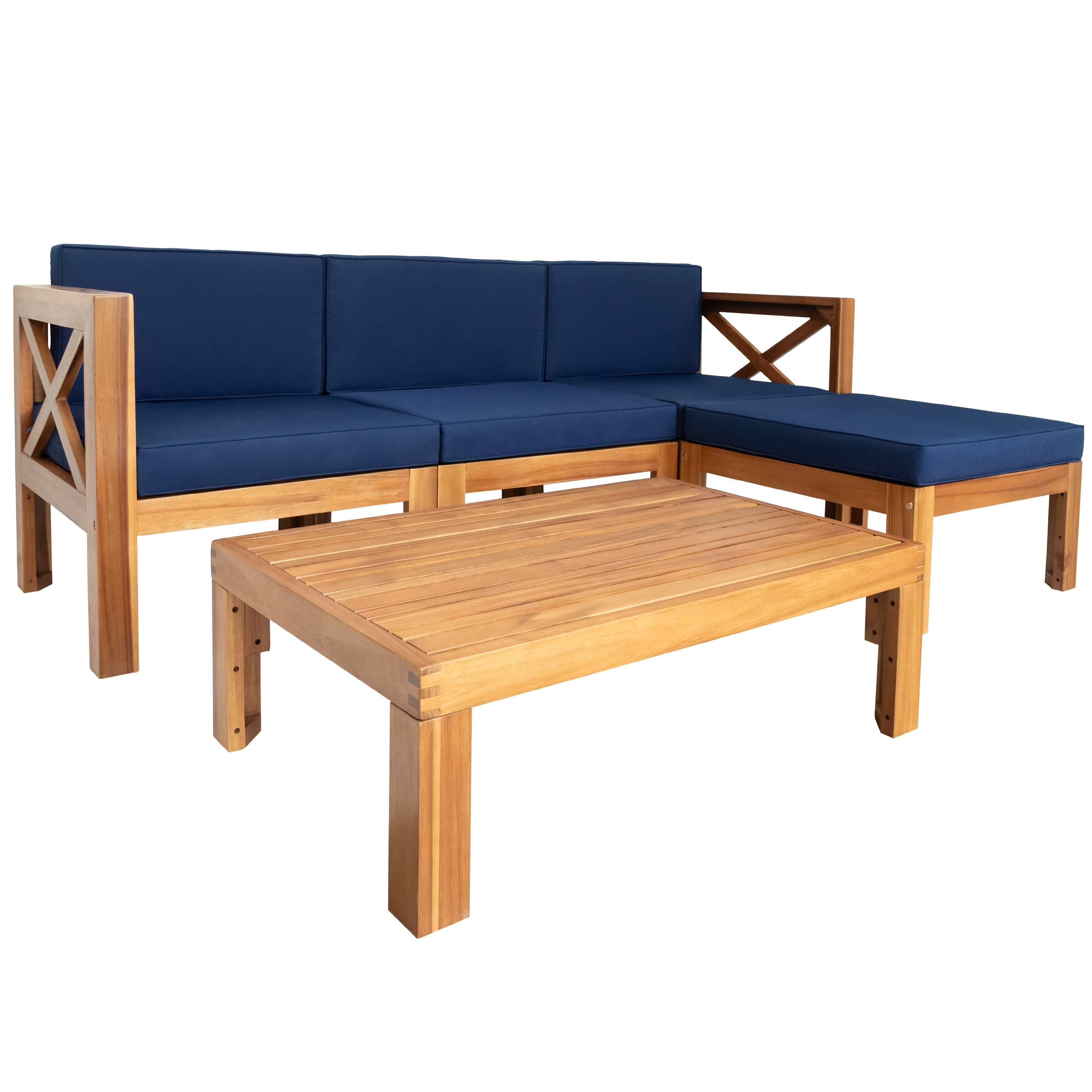 Outdoor Patio Sectional Set Acacia Wood Natural Blue Cushions 5 Piece