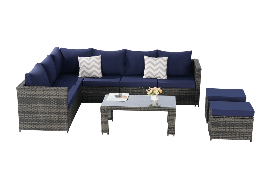 Outdoor Patio Rattan Set 6 Piece Seats 8 Dark Blue