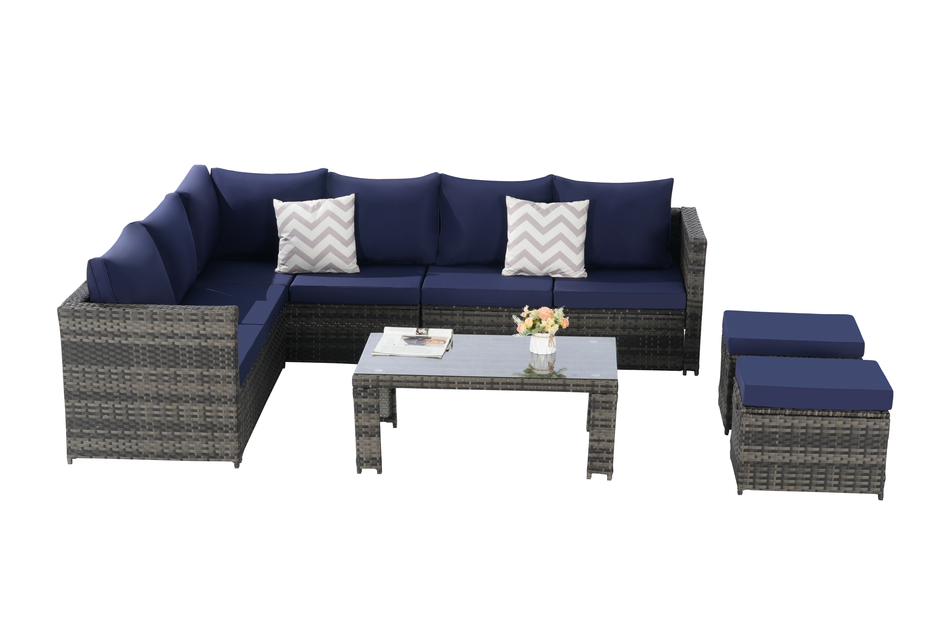 Outdoor Patio Rattan Set 6 Piece Seats 8 Dark Blue