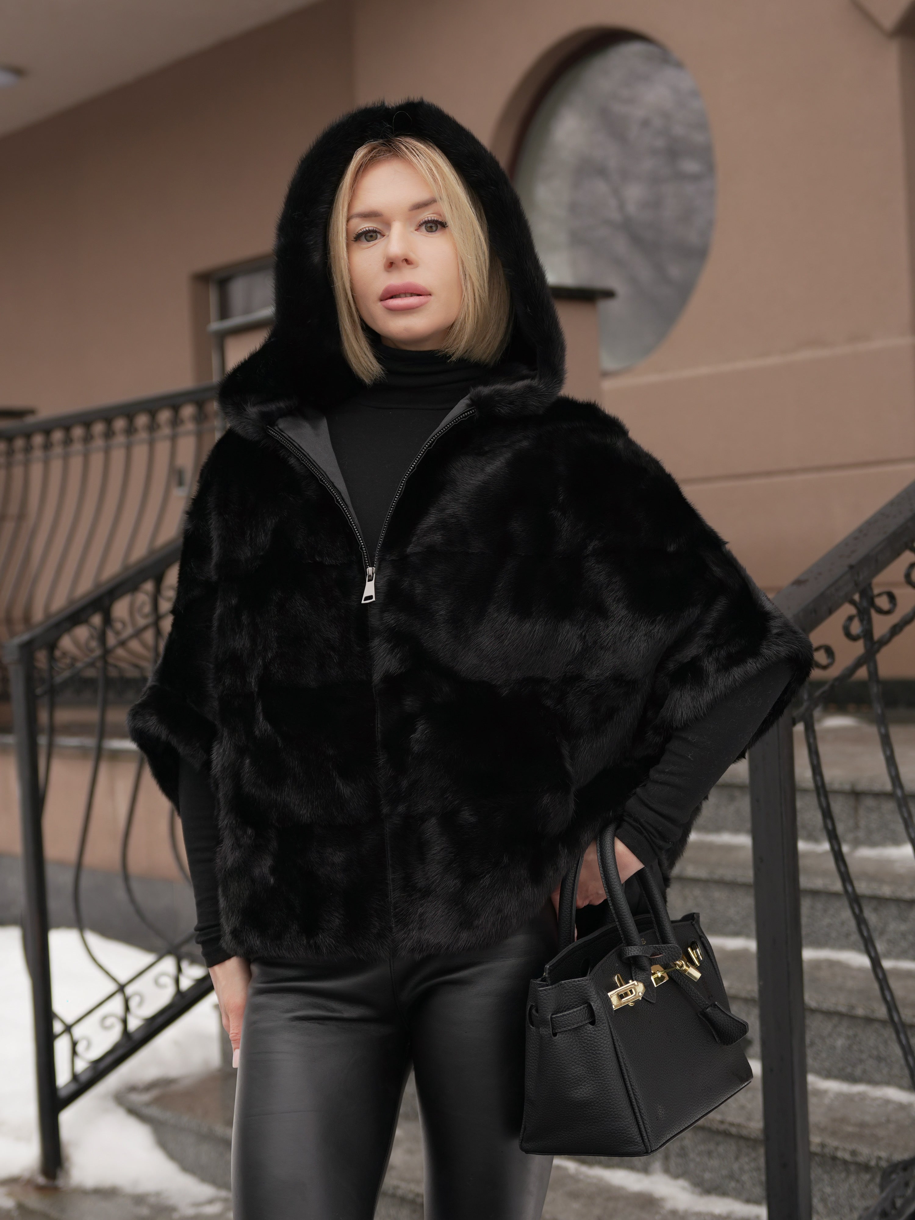 Genuine Scandinavian Mink Fur Poncho with Fully Lined Mink Hood