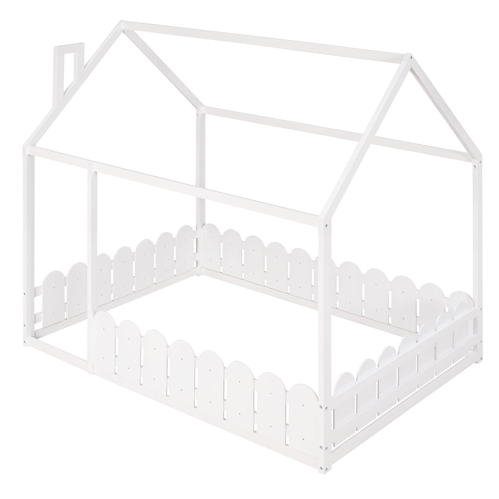 (Slats are not included) Full Size Wood Bed House Bed Frame with Fence for Kids Teens Girls Boys (White )