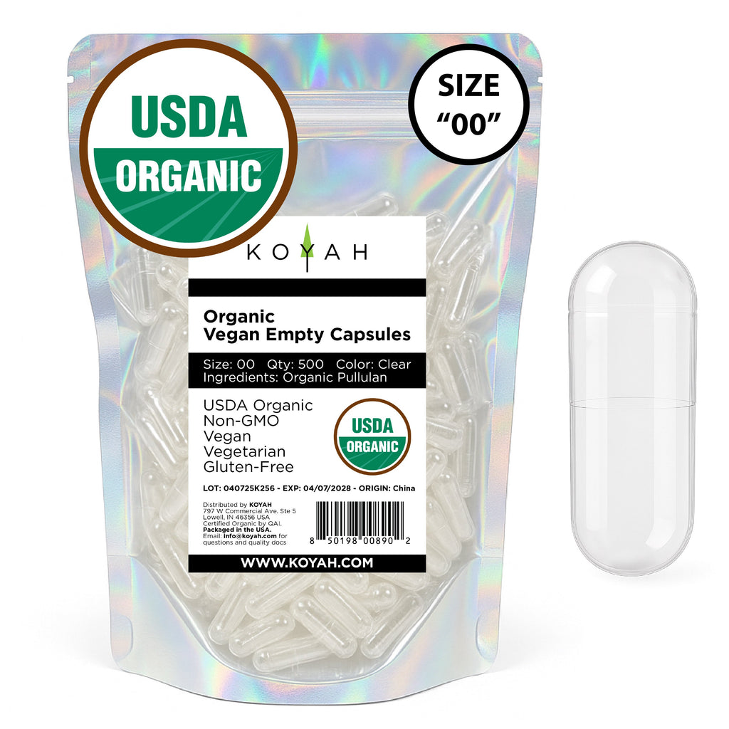Certified Organic Empty Vegan Capsules: Size 00, 500 Count