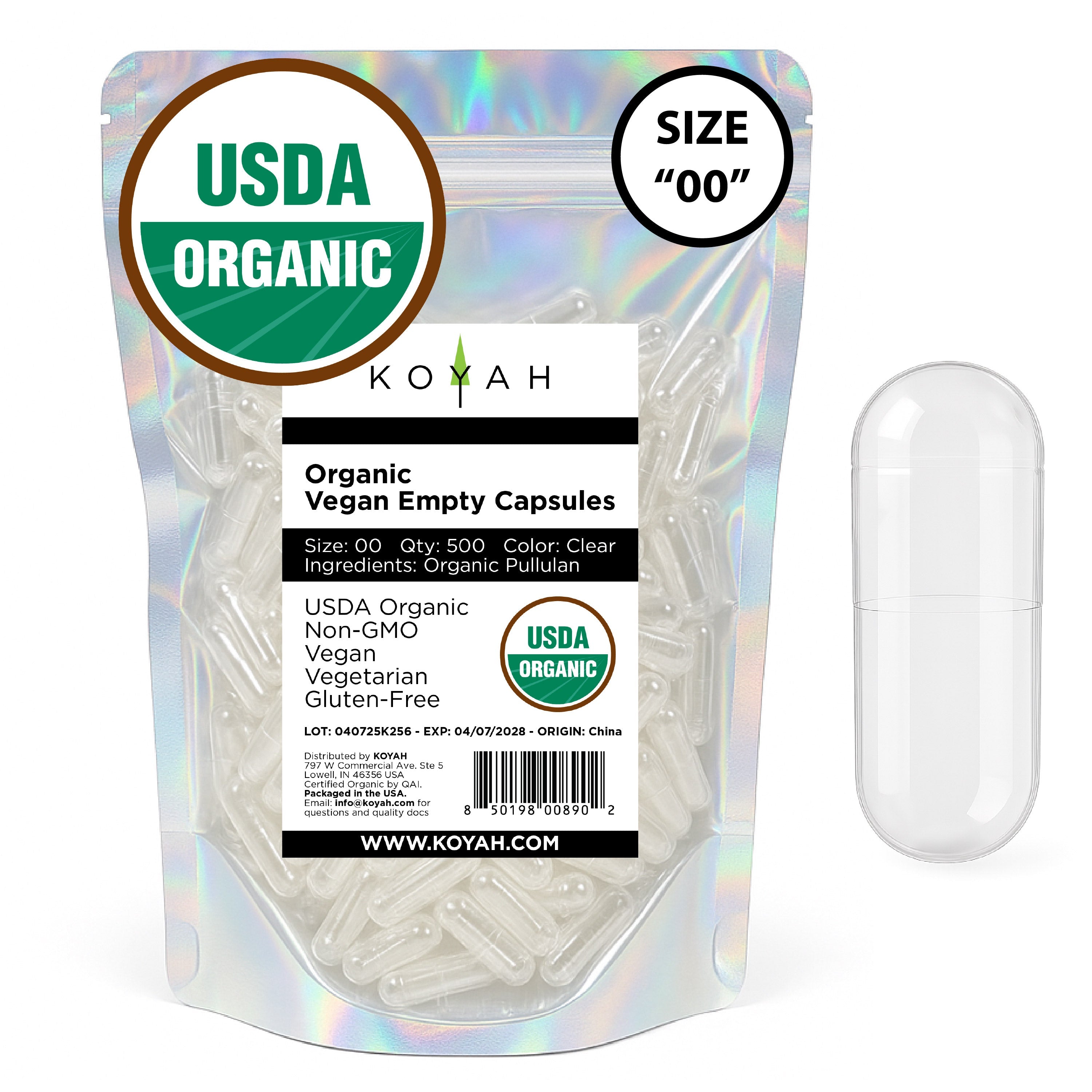 Certified Organic Empty Vegan Capsules: Size 00, 500 Count