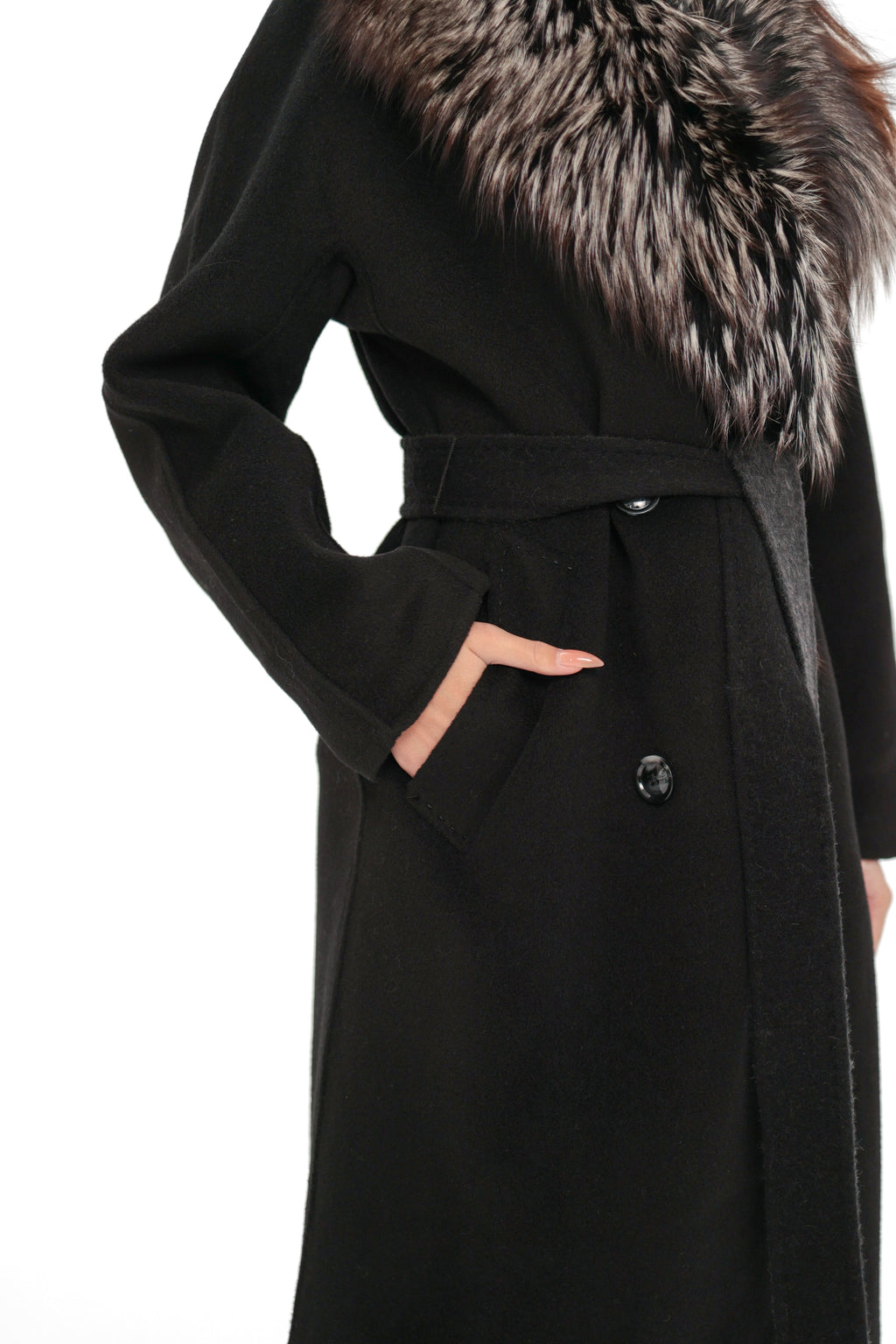 Genuine Silver Fox Cashmere Blend Coat