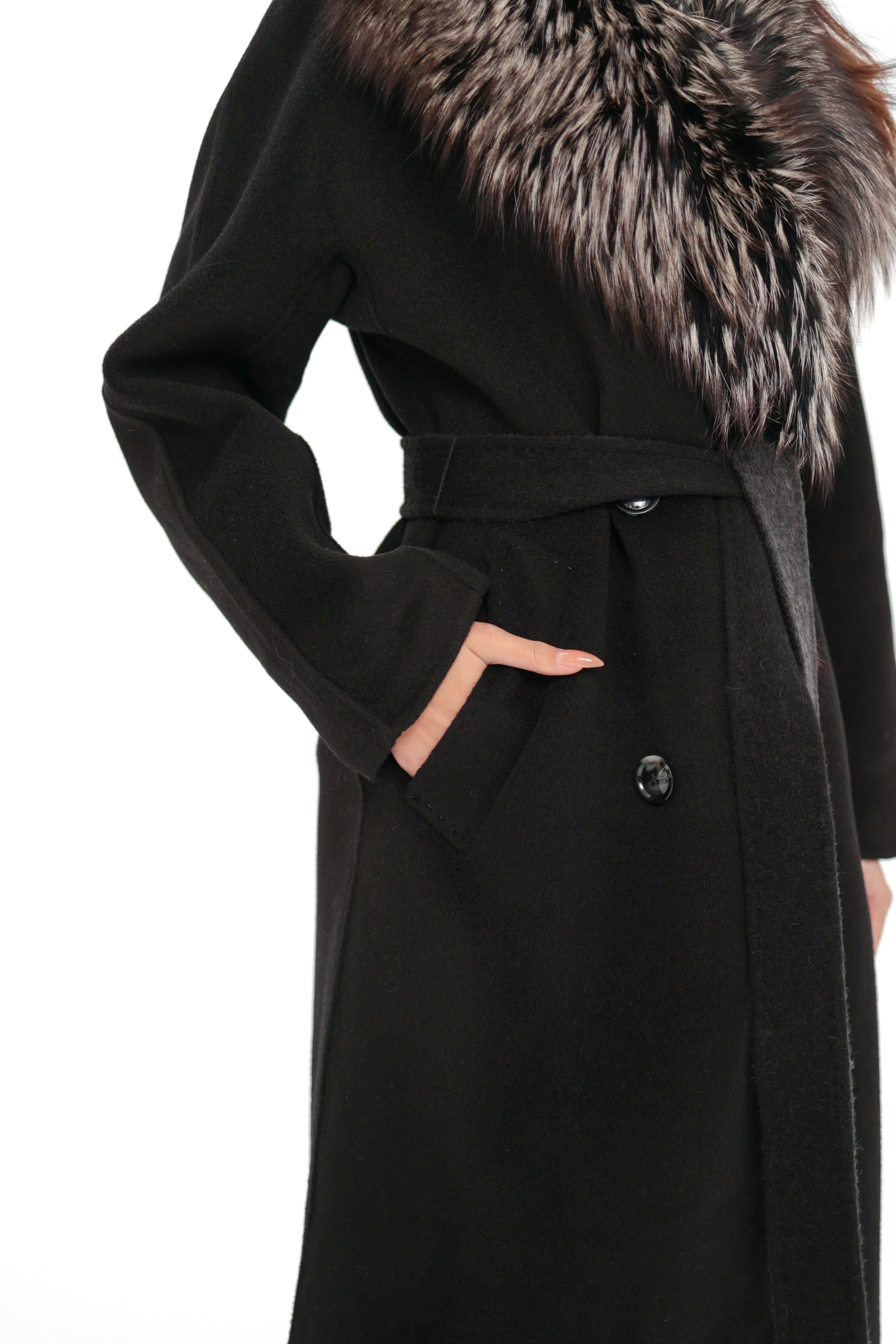 Genuine Silver Fox Cashmere Blend Coat