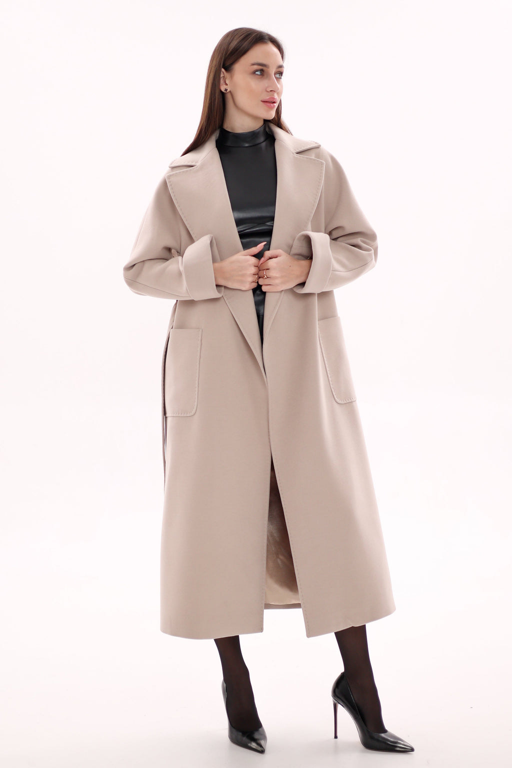 Marley Wraparound Wool Cashmere Coat in Nude