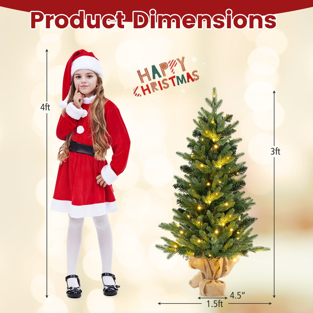 3 Feet Mini Pre-Lit Artificial Christmas Tree Tabletop Xmas Tree with Burlap Base