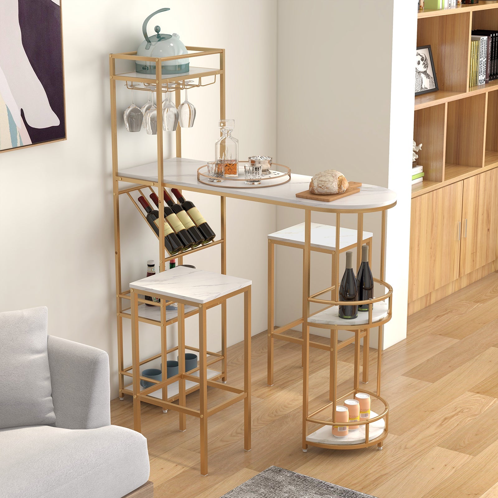 3 Pieces Bar Table Set with Storage Shelves and Wine Rack-Golden
